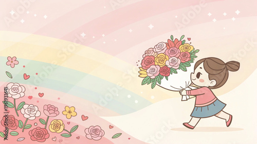 Cute pastel flat illustration of a girl holding a bouquet of flowers positioned bottom right soft pastel background
