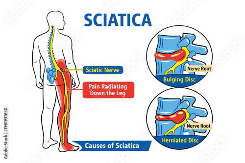 An anatomical illustration showing the causes of sciatica and how it affects the human body system Vector