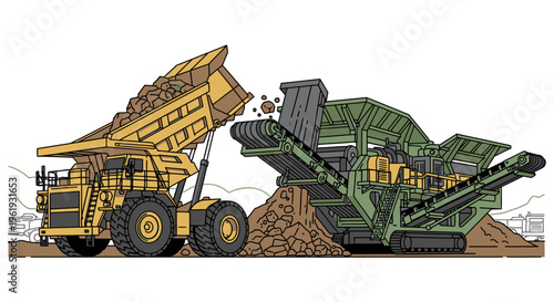 Large mining dump truck and crusher.
