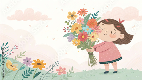 Cute pastel flat illustration of a girl holding a bouquet of flowers positioned bottom right soft pastel background