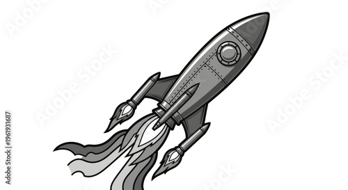 Retro Rocket Ship Blasting Off with Fiery Exhaust Trails Grey Scale