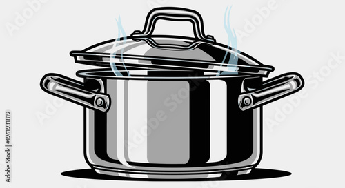 Large stainless steel cooking pot vessel.