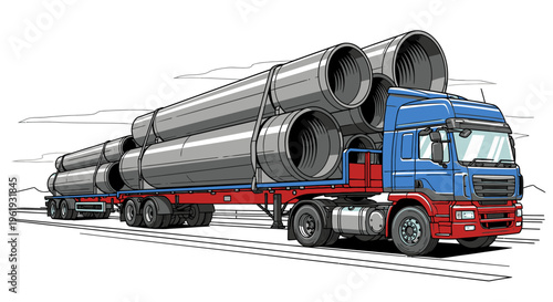 Large truck transporting industrial metal pipes.