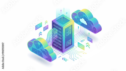 Cloud infrastructure and information technology network design element for corporate presentations. Modern web hosting and database management concept