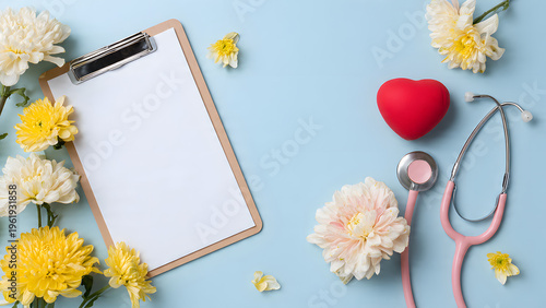 medical clipboard with a blank white paper, a stethoscope,heart shape and flowers on a blue background