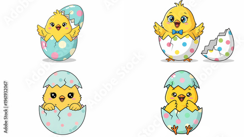 Adorable cartoon baby chicken collection in diverse poses for Easter Sunday designs. 