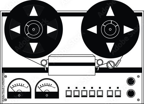 Reel-to-reel tape recorder illustration set, vintage audio device icon with reels, meters, buttons and knobs representing retro technology theme - flat vector illustration