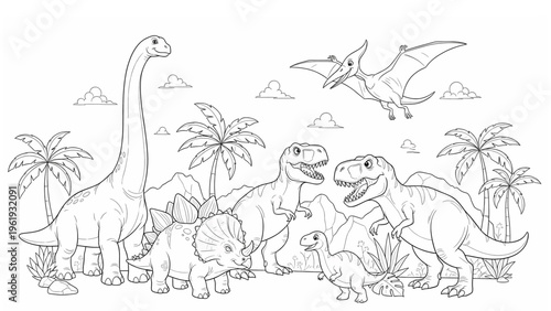 Dinosaur coloring page for kids with prehistoric landscape on white background vector. Set of friendly cartoon dinosaurs in jungle scene line art for educational activity.