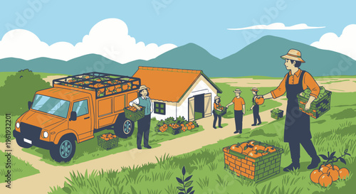 Man carrying crate of oranges outside.