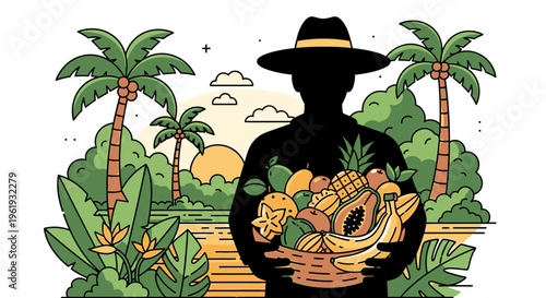 Man holding basket of tropical fruit.