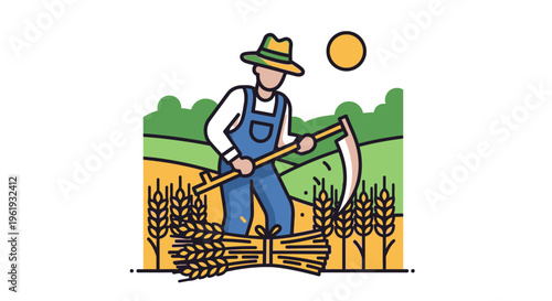 Man in overalls harvesting wheat crop.