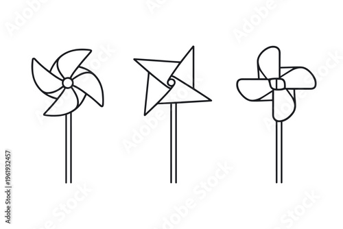 Three simple line art pinwheels on white background