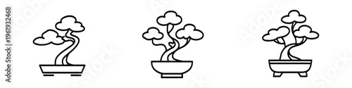 Collection of stylized bonsai tree icons in a minimalist line art design