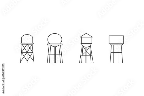 Collection of four distinct water tower illustrations in a clean, minimalist line art style