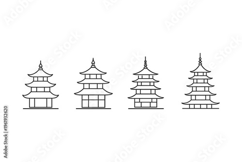 Collection of stylized pagodas in a minimalist line art style on a white background