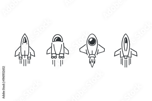 Collection of stylized rockets launching into space with exhaust trails