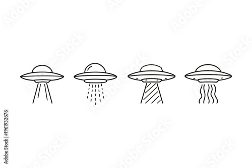 Collection of four simple line art flying saucers with different beam effects