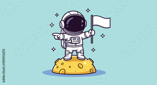 Astronaut Standing on Moon Holding Flag and Pointing.