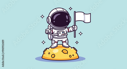 Astronaut Standing on Moon Holding Flag Cartoon.