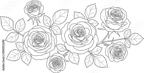 Rose bouquet illustration, black and white drawing, floral sketch, botanical art, decorative flower design, nature artwork, coloring page, flat vector illustration