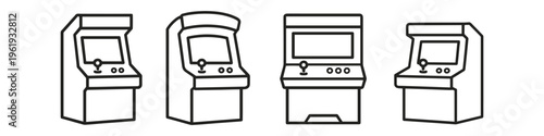 Collection of retro arcade game machines in a simple line art style