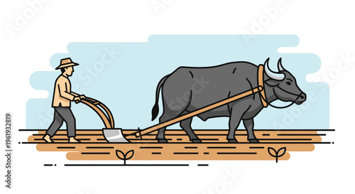 Man plowing field with big ox.