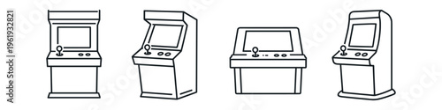 Collection of classic arcade game machines in a simple line art style