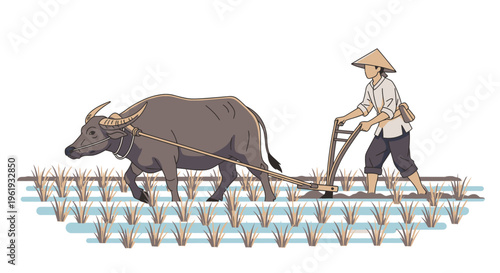 Man plowing field with brown bull.