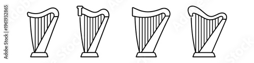 Collection of four distinct harp outlines on a white background