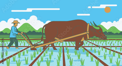 Man plowing field with brown cow 1.