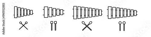 Set of simple line art xylophones with mallets in various sizes