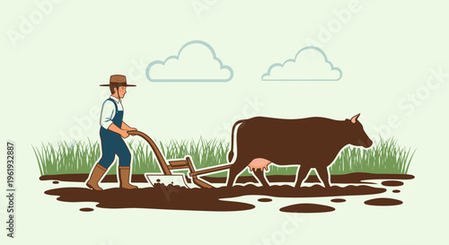 Man plowing field with brown cow 4.
