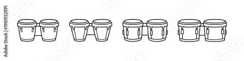 Set of four simple line art illustrations of bongo drums in different styles