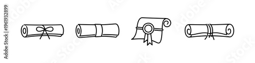 Collection of hand-drawn diploma and certificate scroll icons representing achievement