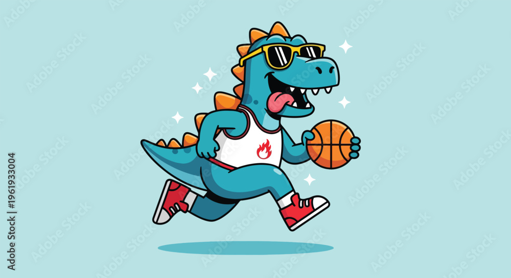 Fototapeta premium Cute Dinosaur Playing Basketball Cartoon.