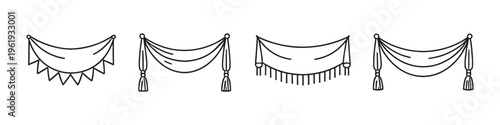 Collection of decorative drapery and fabric swags with tassels and fringe