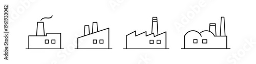 Collection of simple line art factory icons with different chimney styles