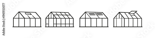 Collection of simple line art greenhouse icons with different roof designs