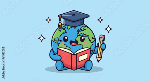 Cute Earth Character Wearing Graduation Cap Reading Book Holding Pencil.