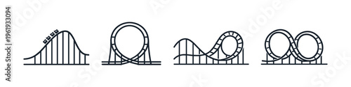 Collection of stylized roller coaster icons showcasing various thrilling track designs and loops