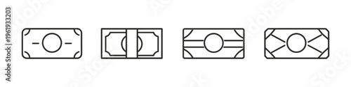 Set of stylized banknote icons representing financial transactions and currency