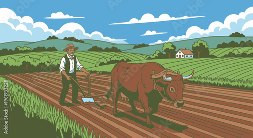 Man plowing field with oxen.