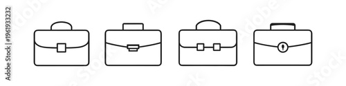 Collection of four simple line art briefcases with different clasps and handles