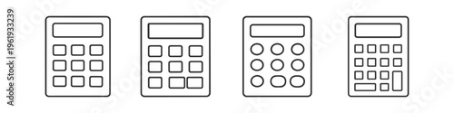 Collection of four simple line art calculator icons with different button layouts