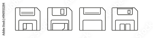 Collection of four different floppy disk icons in a line, representing data storage