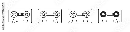 Collection of four distinct cassette tape icons in a simple line art style