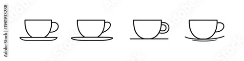 Set of four minimalist line art coffee cups and saucers on a white background