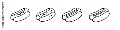 Collection of simple line art hot dog icons with different toppings and styles