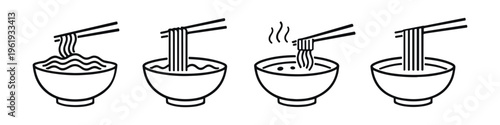 Set of line art icons depicting bowls of noodles with chopsticks