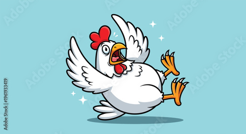 Funny Cartoon Chicken Falling Down with Shocked Expression.
